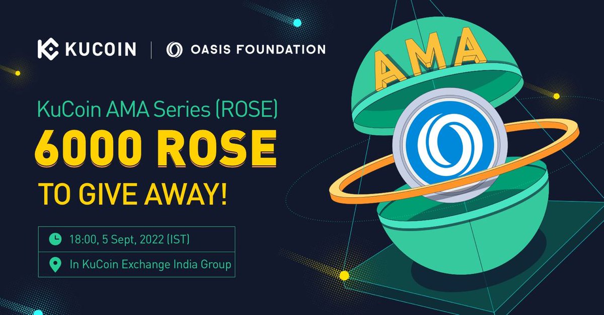 KuCoin India AMA x <a href="/OasisProtocol/">Oasis 🌹</a>

💰Prize: $400 Worth $ROSE
🎁40 random winners - 95 $ROSE each

⏰18:00 IST, 5 Sept

✅Like, RT, Follow &amp; Tag 2 friends

✅Join t.me/KuCoinNewsIndia t.me/KuCoin_Exchang… t.me/oasisprotocolc…
<a href="/OasisProtocol/">Oasis 🌹</a>

⚜️Fill forms.office.com/r/MVqgiWVtRz