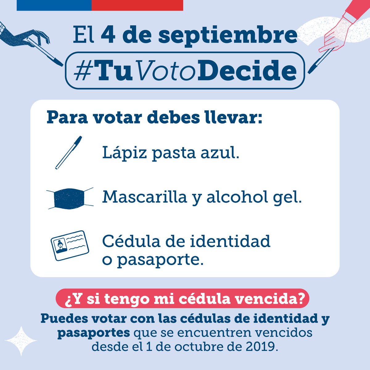 Hoy, #TuVotoDecide. Revisa qué necesitas para votar en el #Plebiscito2022 y sé protagonista en esta jornada histórica 🗳️ Más info en tuvotodecide.cl