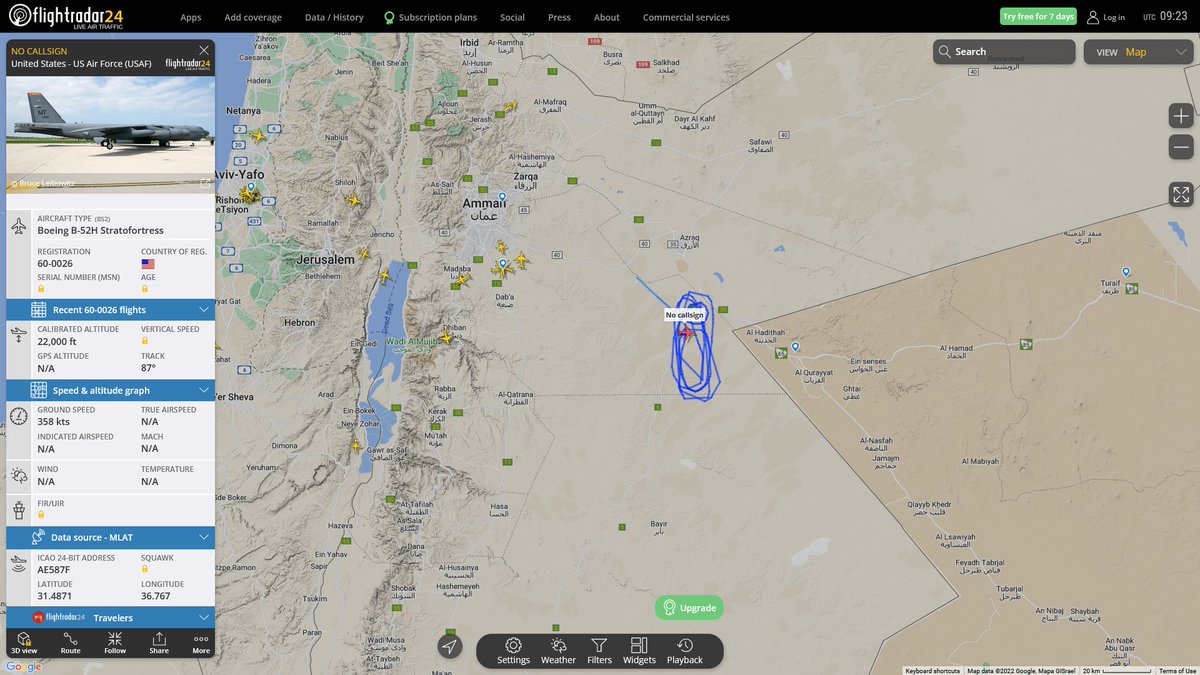 AIYeyENGDdJkjTr's tweet photo. Sept. 4, 2022
#Fairford #Jordan
#NoCALLSIGN #MYTH11 #AE587F USAF B-52H Stratofortress https://t.co/EJUO5dibiu