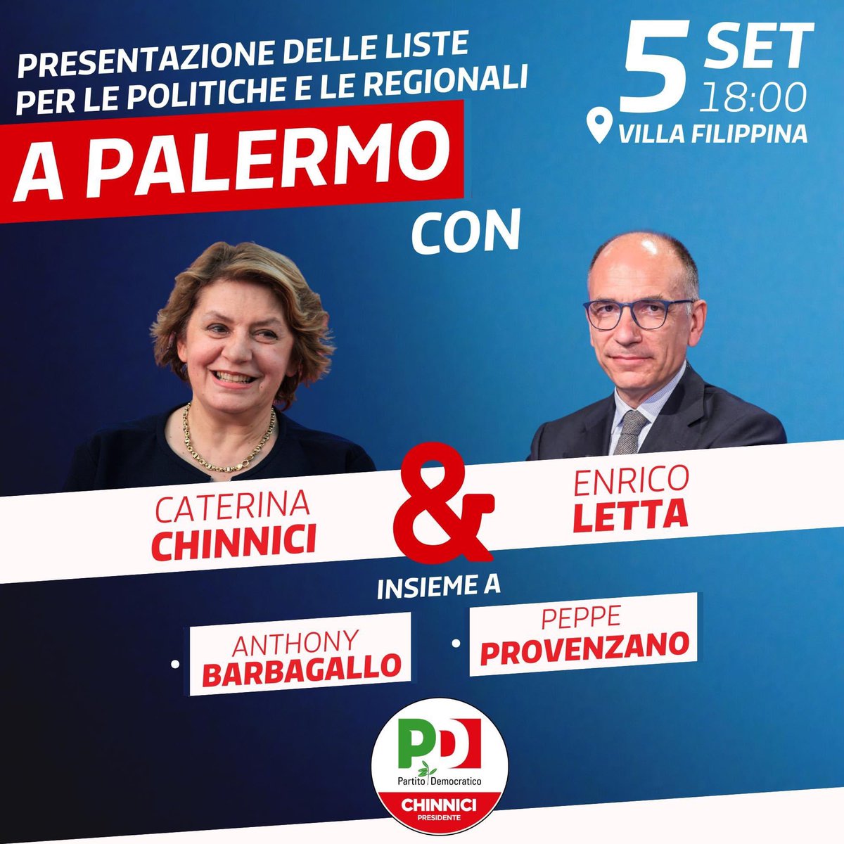Ci vediamo domani prima a Catania e poi a Palermo con <a href="/EnricoLetta/">Enrico Letta</a> <a href="/peppeprovenzano/">Peppe Provenzano</a> e la nostra candidata alla presidenza della regione siciliana  <a href="/CaterinaChinnic/">Caterina Chinnici</a>
💪👇