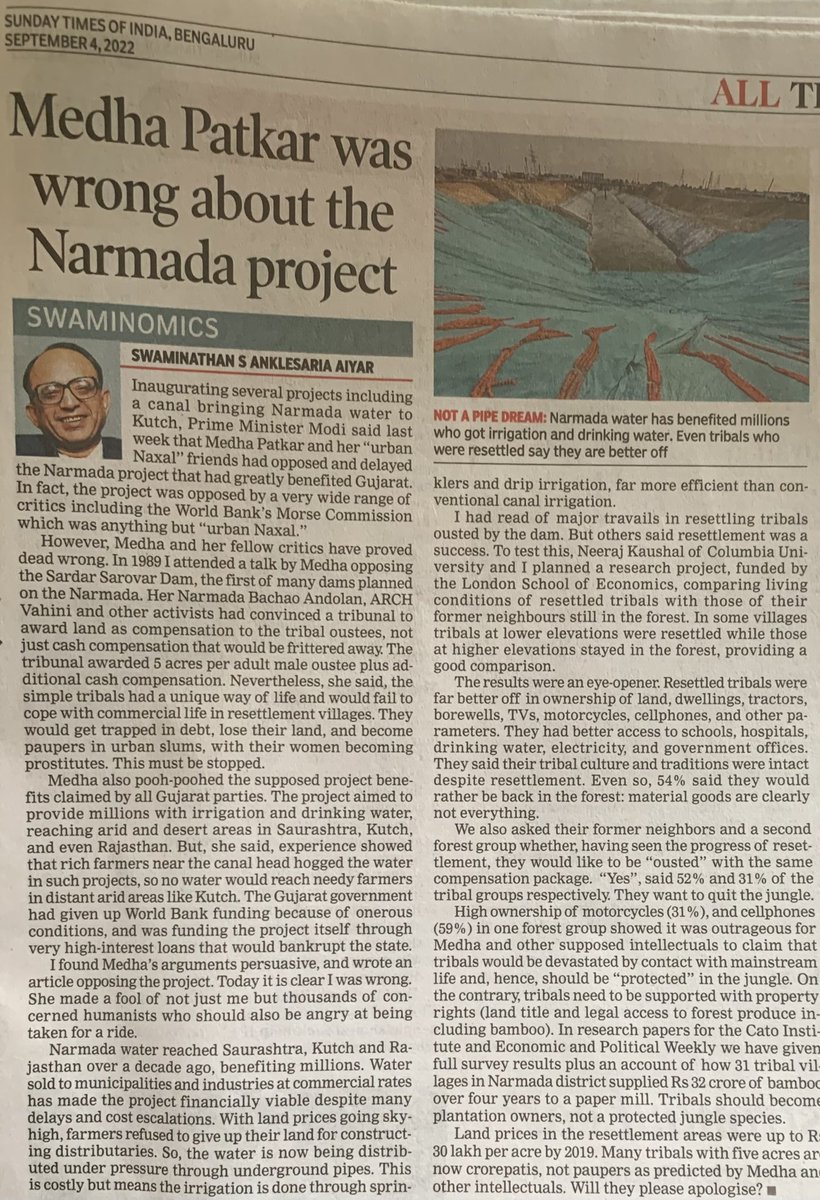 Trust Swaminathan Aiyar for honesty so rare in our public debate. Anti-Narmada campaign wasn’t just a giant con, it was another far-Left “block everything” hobbyhorse at the cost of the poor, farmers, & tribals. India should thank people of Gujarat & MP for defeating it.