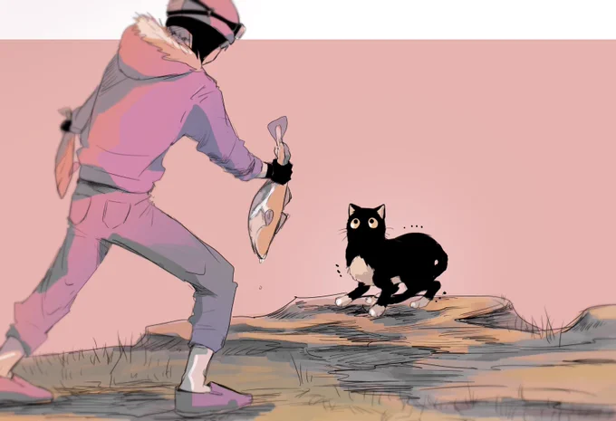 生魚を持った人間に追い詰められる猫 