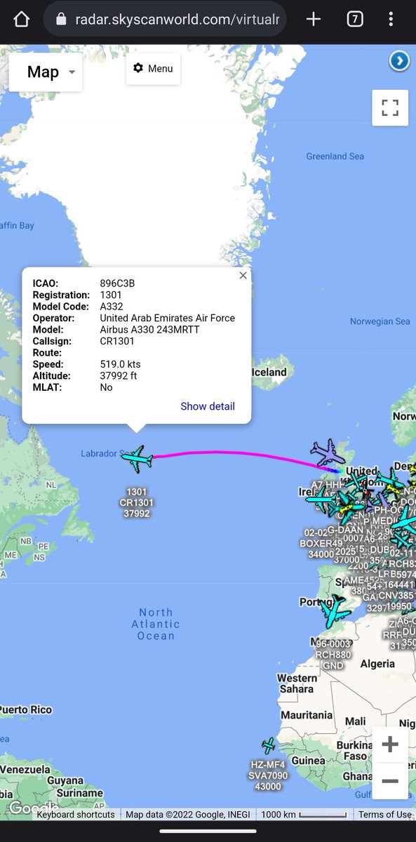 scan_sky's tweet photo. Currently Tracking On ADS-C 🛰

United Arab Emirates Air Force 🇦🇪 - Airbus A330-243 MRTT - 1301 - #CR1301

Departed From Prestwick Airport 🏴󠁧󠁢󠁳󠁣󠁴󠁿 &amp; Routing To Bangor Intl Airport 🇺🇸

Eta:1330z 🕒 https://t.co/egqICy7jjf