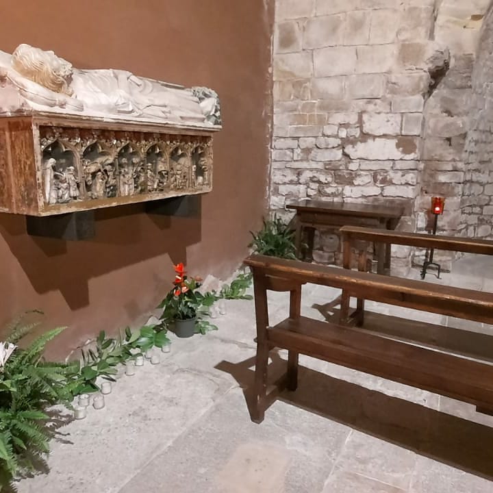 SantDaniel_Gi's tweet image. La missa d'avui, dedicada a Sant Daniel, Sant patró del monestir, ha acabat amb la tradicional cantada de #goigs davant del sepulcre del segle XIV.