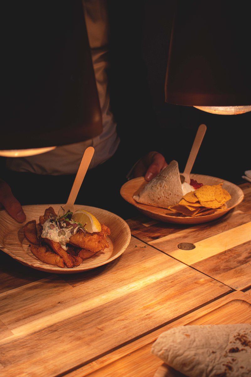 Our Paisley Street Food set up at a wedding, live cooking Traditional Fish &amp; Chips with Tartar Sauce and Loaded Pulled Beef Tacos from the Big Pans! 🥘🍾