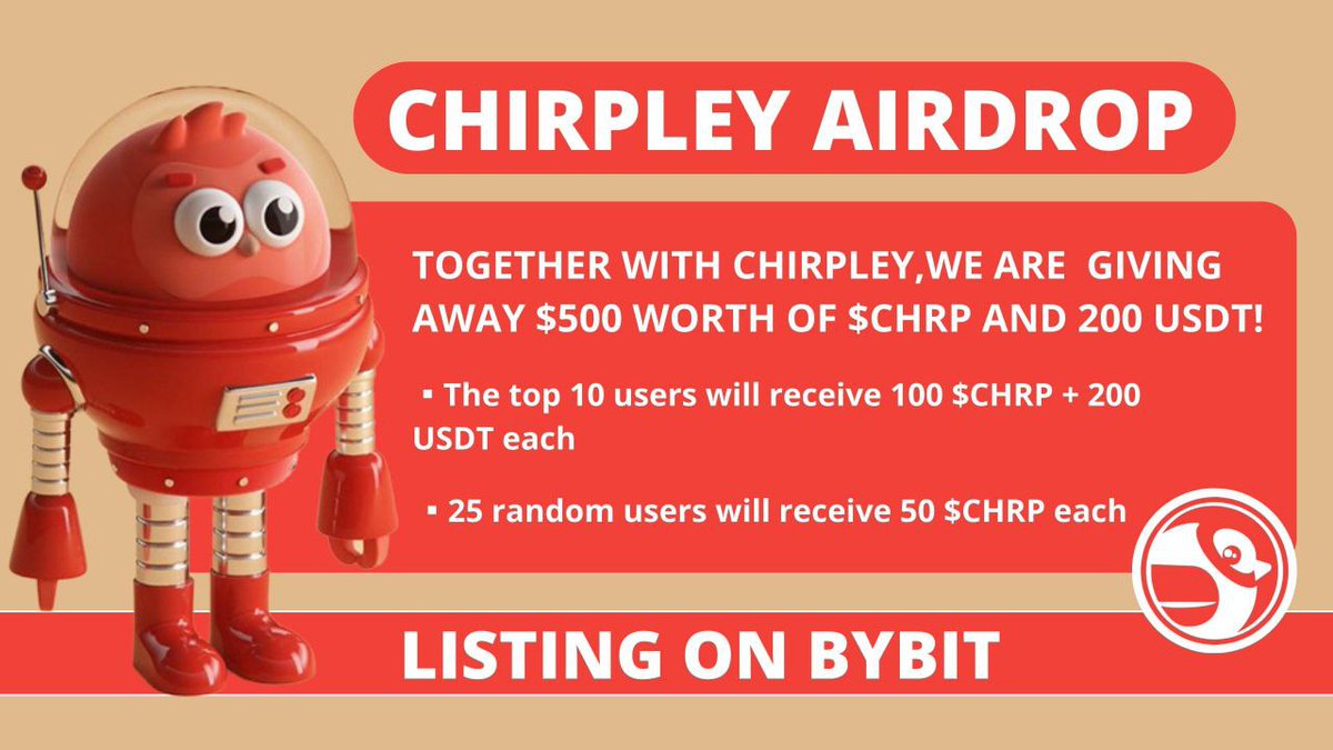 📣 Big &amp; Massive #Airdrop 🔥

🥳🥳 BiG Prize Pool :
500$ Worth #CHRP Token +
200$ USDT For Giveaway for Users 😍😍

To Win 🏆
✅ Follow <a href="/RLT_DAO/">Anjali</a> &amp; <a href="/chirpley/">Chirpley🐦</a>
✅ Like &amp; RT &amp; Tag 3 friends
➡️ Finish Gleam : gleam.io/competitions/S…

⏰Ending on 7th September

#Airdrop #NFT #Giveaway