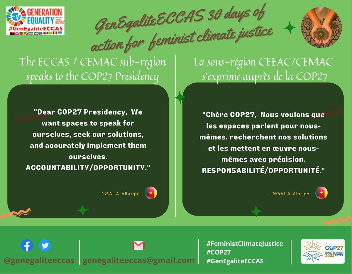 GenEgaliteECCAS's tweet photo. Day 4: The campaign continues as @AlbrightNgala speaks to the COP27 Presidency (@Cop27P ). Let's make his voice to be heard!

Jour 4: La campagne continue, ce jeune parle à la Présidence de la COP27. Faisons tous entendre sa voix!

#FeministClimateJustice
#COP27
#GenEgaliteECCAS https://t.co/PKxMJKcgwj