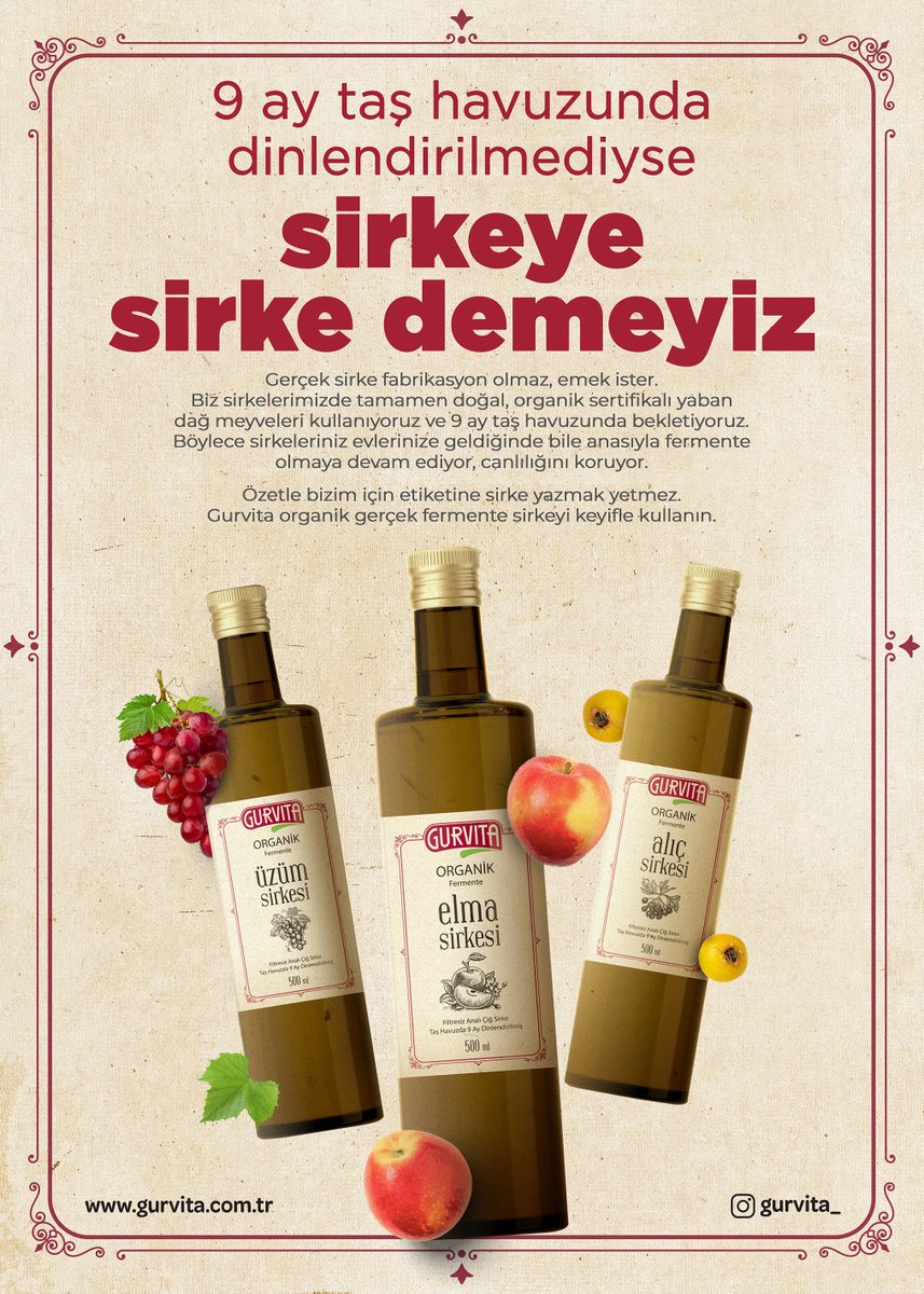 9 ay taş havuzunda dinlendirilmediyse, sirkeye sirke demeyiz!

#gurvita #fermentesirke #alıçsirkesi #üzümsirkesi #elmasirkesi