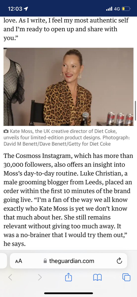 MrLukeChristian's tweet photo. Bit of a surreal moment being featured in a @guardian article this morning! Was asked to give my thoughts on @KateMossAgency new brand #Cosmoss ✨ - Article here - https://t.co/giuSuW4uVT // #KateMoss https://t.co/u3StL3bB6p