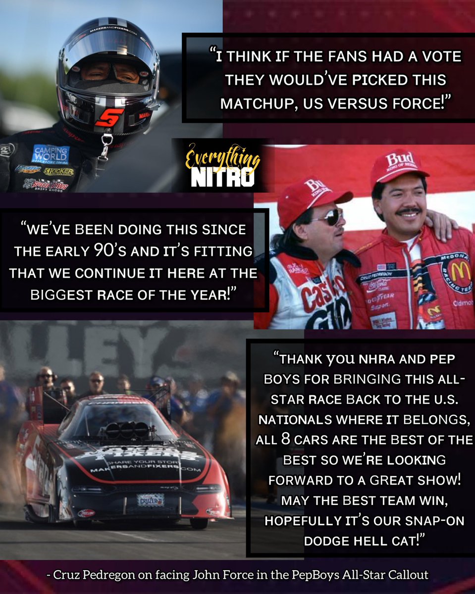 Cruz Pedregon is ready for another showdown with John Force in the first round of the PepBoys All-Star Funny Car Callout! 🍿 
#PepboysAllstars #USNationals 

#EverythingNITRO