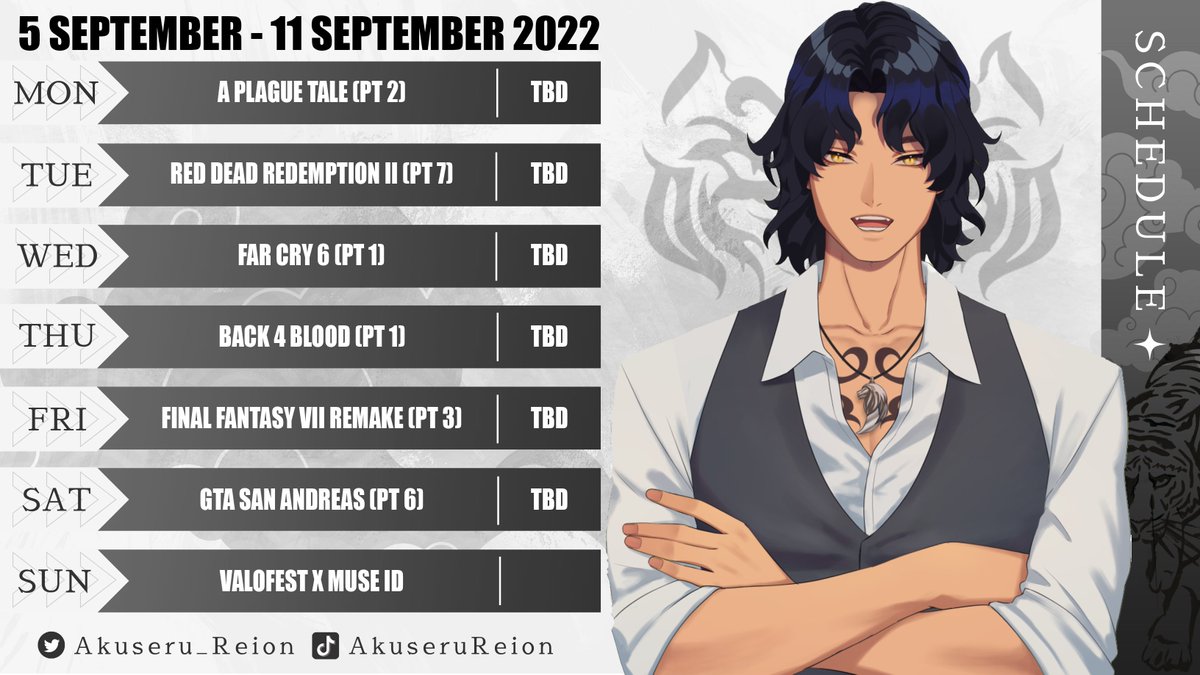 akuserureion's tweet photo. STREAM SCHEDULE!!
Ini jadwal Rei buat seminggu ke depan, A Plague Tale yang harusnya dimainin hari ini digantinya jadi besok ya!!
Hastag
General: #ReiShere
Live: #ReiON
Fanart: #ArtoRei
Clip: #ClippRei
Meme: #Reixixixi
Fan Name: #REIZIMP
18+: #ReitedR https://t.co/CvvDLEqlIB