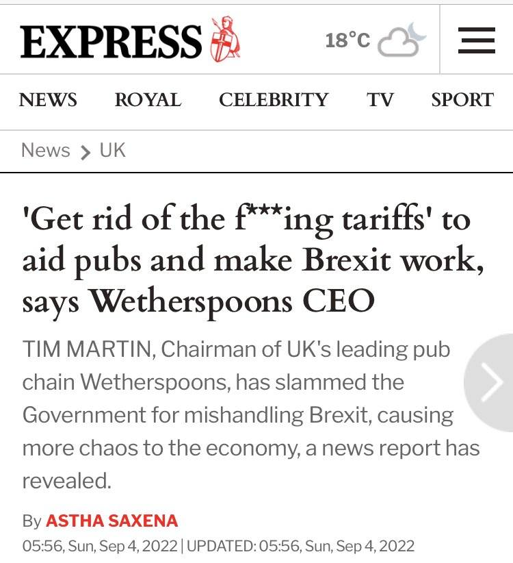 R1100GSBlueNose's tweet photo. Arch-brexiteer Tim Martin of Wetherspoons is furious because the introduction of standard EU tarriffs for trade with a 3rd country since Brexit are affecting his business. He wants tarriff-free trade. Like we had when we were in the EU. Thick as a submarine door, yet somehow rich https://t.co/cSE7ct9Fx1