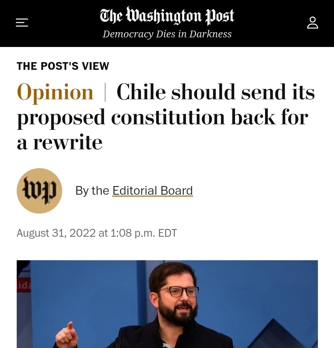 Vinncent's tweet image. The opening sentences of the Washington Post editorial opposing Chile's new constitution ↘️