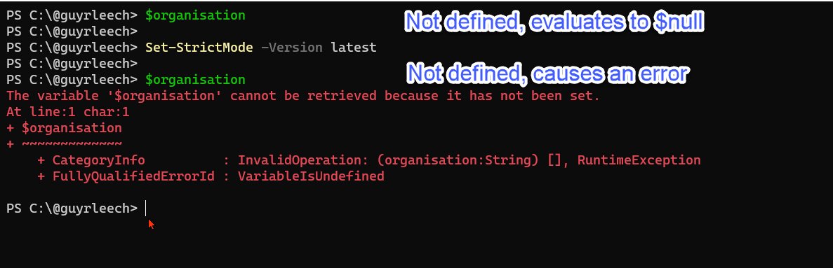 guyrleech's tweet image. Please, please, please use "Set-StrictMode -version latest" in your #PowerShelll dev environment so it flags variables being used before they are set.
Been troubleshooting a customer's scripts & the author has typo'd names a few times meaning the script doesn't work correctly