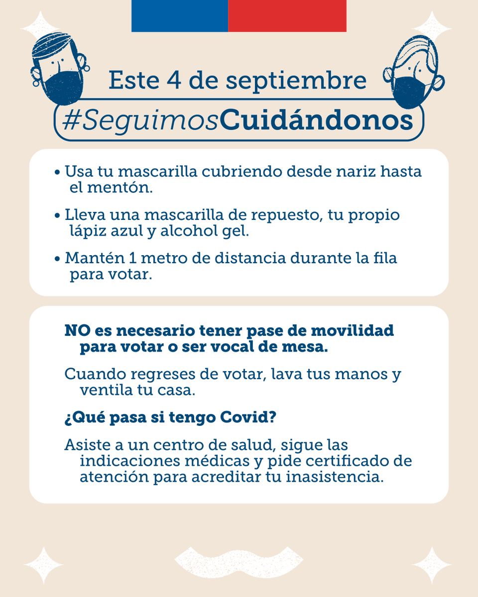 ¡Llegó el día! 🗳️ En este #Plebiscito2022 te recordamos que #SeguimosCuidándonos:

✅ Usa tu mascarilla y lleva una de repuesto 😷
✅ No olvides tu 🖊️ azul y alcohol gel
✅ Mantén la distancia 🧍🏽‍♀️↔️🧍🏽
✅ NO necesitas Pase de Movilidad para votar

📲 tuvotodecide.cl