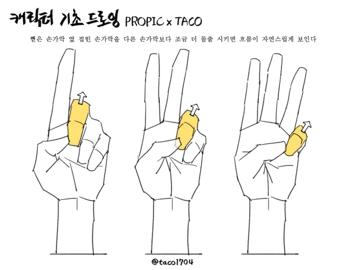 뻗은 손가락 옆 접힌 손가락을 다른 손가락보다 조금 더 돌출 시키면 손 형태/흐름이 자연스러워진다 