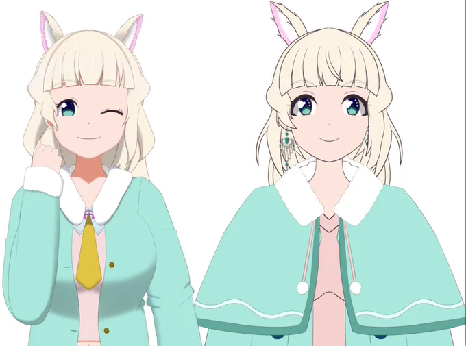 色々付け足し付け足ししてるので若干サイズガバってるけど元のアルパカちゃんとフルアーマー新アルパカちゃん。二枚目は新デザインイヤリング 