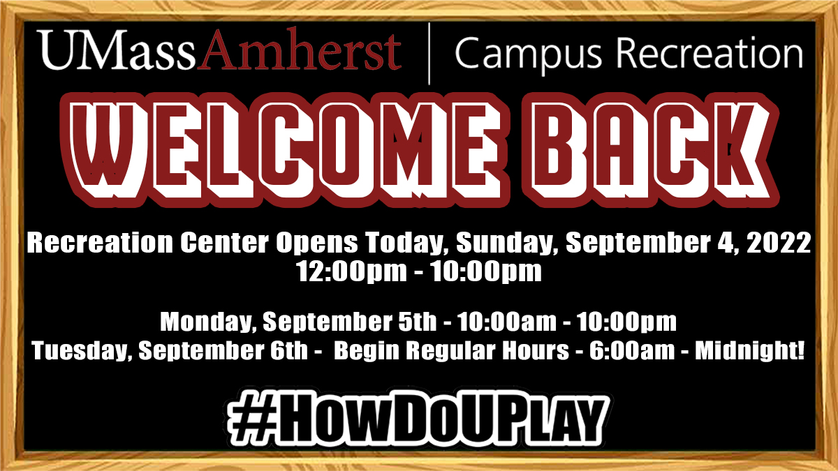 Welcome Back! 
Recreation Center Upcoming Schedule:
Sunday, September 4, 2022 – 12:00pm – 10:00pm
Monday, September 5, 2022 – 10:00am – 10:00pm
Tuesday, September 6, 2022 – 6:00am – Midnight