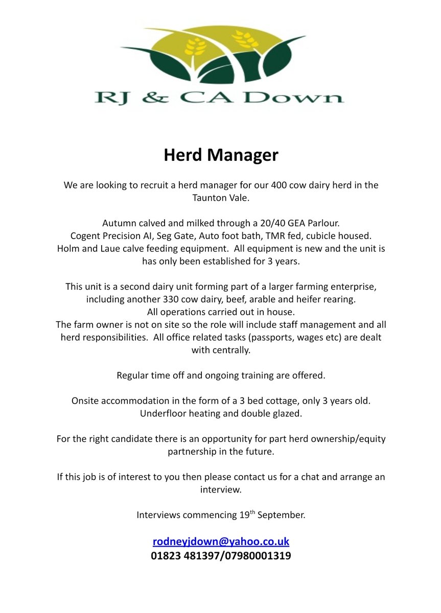 We are looking for a herd manager, it is a great opportunity to put your signature on a herd. As always retweets most appreciated. #lovecows #teamdairy #farmjobs #herdmanager