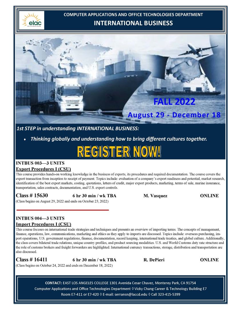 SailorLauris's tweet photo. Get your career started in the International Business field at East Los Angeles College - CAOT Department. Earn a Global Trade &amp; Logistics - Import/Export Certificate. Visit the the website for more information https://t.co/wtzcg1mDhS #elacinternationalbusiness #WeAreCAOT https://t.co/0A9bnqx06Q