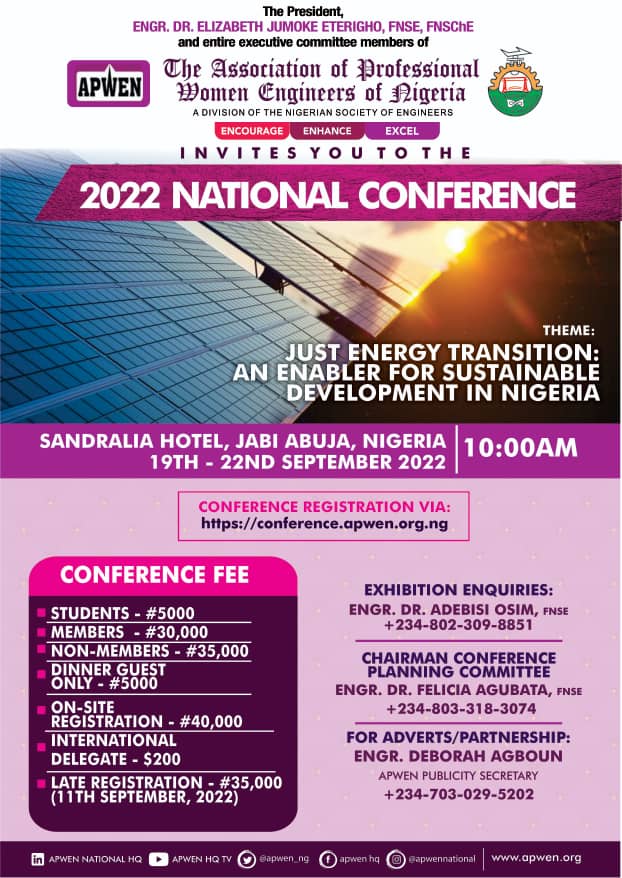 *2022 APWEN National Conference at a Glance!* Monday: *Awareness walk/ Press briefing/ Meet & Greet* Tuesday:*Opening Ceremony/ Panel session* Wednesday:*Technical Sessions/ Young Engineers & Collegiate program/ Tradofunk party* Thursday:*AGM/ Young Engineers
