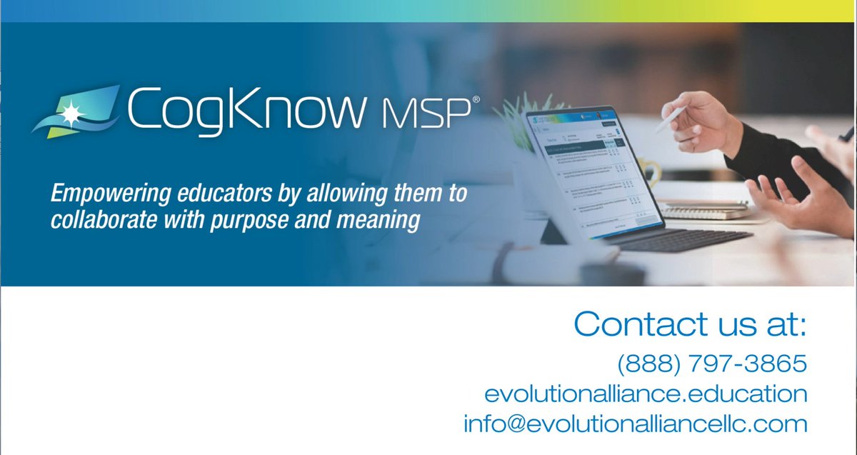 cogknowmsp's tweet image. Introducing CogKnow MSP, a revolutionary cloud-based collaboration tool for prioritizing and localizing the learning needs of students. Contact Us for a FREE demo! 
evolutionalliance.education/cogknow/
#CognitiveRigor #PLC #TeacherCollaboration