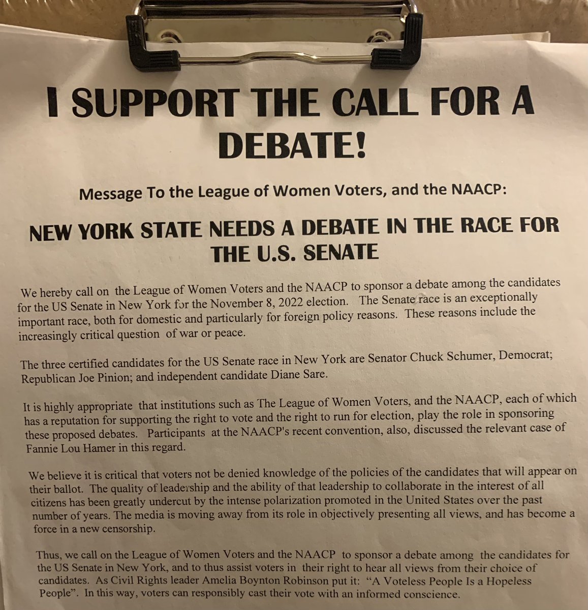 impassionedisa1's tweet photo. The #SareForSenate campaign today at Freedom Fest NYS. We are calling for the @NAACP & @LWVSSMC to sponsor a debate among the candidates on the ballot for US Senate in New York.
#NewYork #SareForSenate #FreedomFestNYS @DianeSare @SenSchumer @JosephPinion https://t.co/79jiIy7Zzh