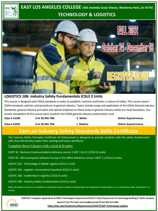 With all the new things happening after COVID, you might be looking for a fresh start. The Industry of Technology and Logistics is growing at a rapid rate with salaries and benefits exceeding expectations. Follow <a href="/elaccaot/">ELAC CAOT</a> to get more info.  Get your certificate! #WeAreCAOT