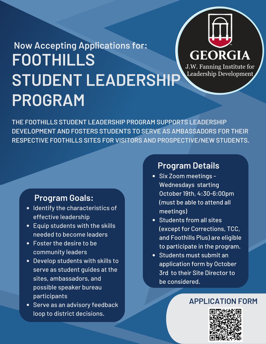 Now accepting applications for the Foothills Student Leadership Program!

Information included below. Applications due October 3rd to local Site Directors.