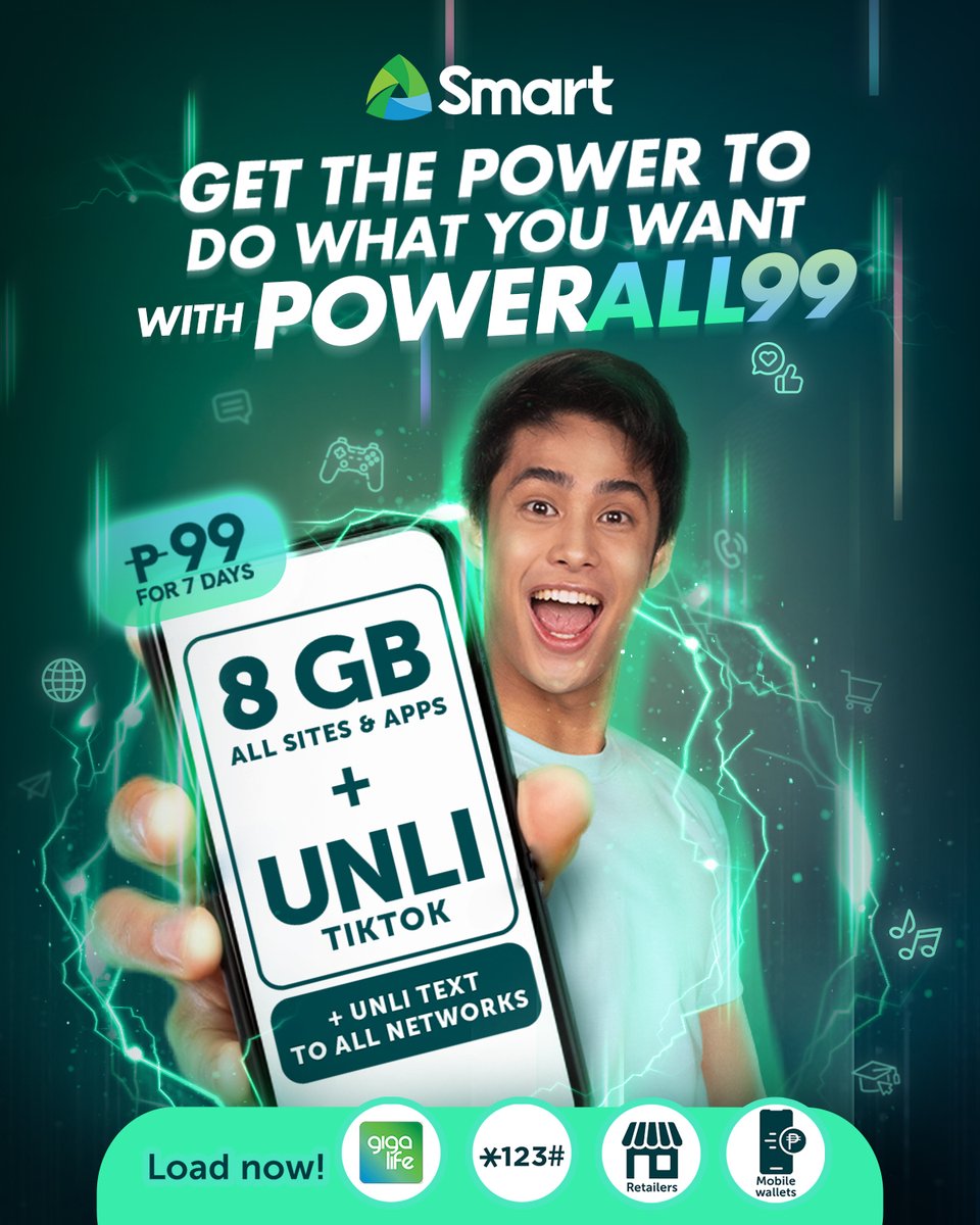 LiveSmart's tweet photo. With #SmartPowerAll 99, you get the power to do what you want!
 
Attend online meetings, play mobile games, stream music and movies, create TikTok content, reach out to your loved ones and more!
 
Just go to https://t.co/iZVFYkr9J8, your nearest tindahan, or dial *123#. https://t.co/LYTyo4cX7W
