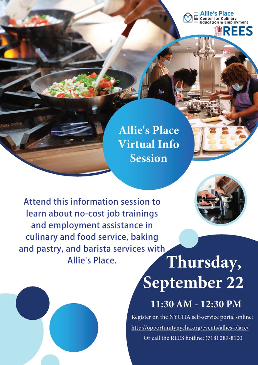 NYCHA's tweet image. Allie’s Place Center for Culinary Education &amp;amp; Employment (@@HFH_NYC) will be hosting a virtual info session on Sept. 22. Interested? Sign up today by visiting: on.nyc.gov/3D5a5pz