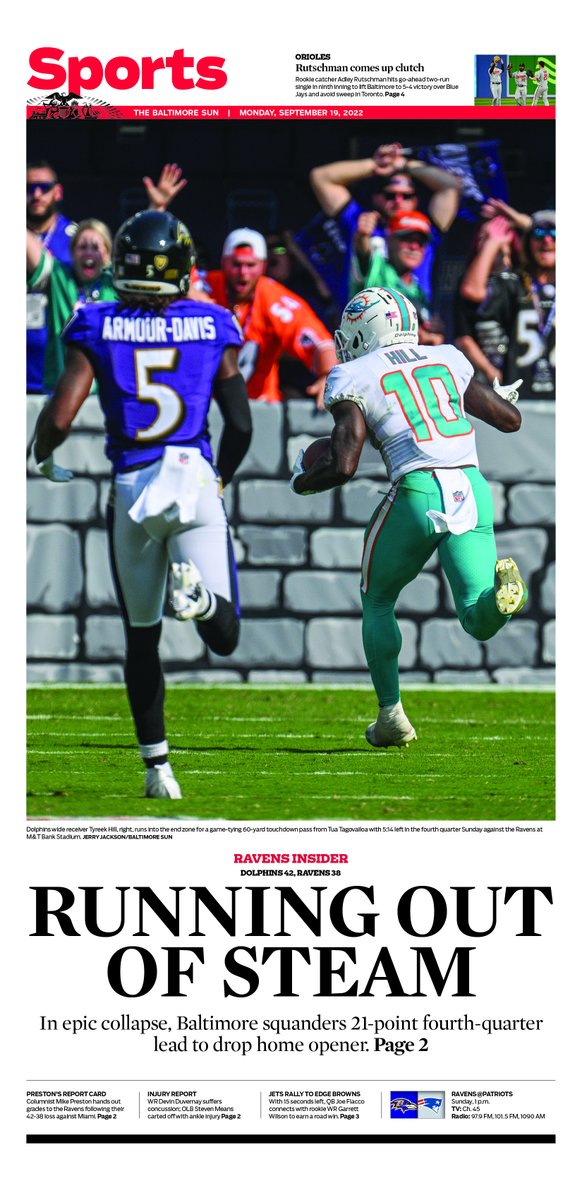 SeeMurphsTweets's tweet photo. Tomorrow's Baltimore Sun and Sun Sentinel sports covers featuring the Ravens-Dolphins madness. @natebloomquist with the Sun Sentinel layout (and that Tua headline), @djdennisOU with the Baltimore Sun layout. https://t.co/kCnbKZYcSW