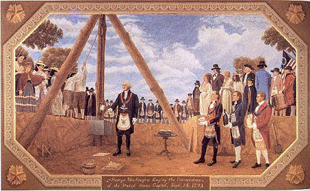 DRHoover's tweet photo. On September 18, 1793, President George Washington laid the cornerstone of the U.S. Capitol. He crossed the Potomac from Alexandria and was met by bands, an artillery company, and a delegation of Masons -- the District’s first parade. https://t.co/FbvM9uaEFY