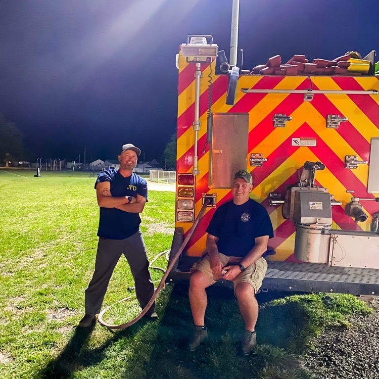 jerseycusdno100's tweet photo. Homecoming is a community tradition and it takes a village to make our celebration successful. Thank you to volunteer firefighters Chris Collins and Kyle Fessler for showing up for our kids at the JCHS Homecoming Bonfire! We appreciate you!💙🐾 https://t.co/AHt1oXI9WA