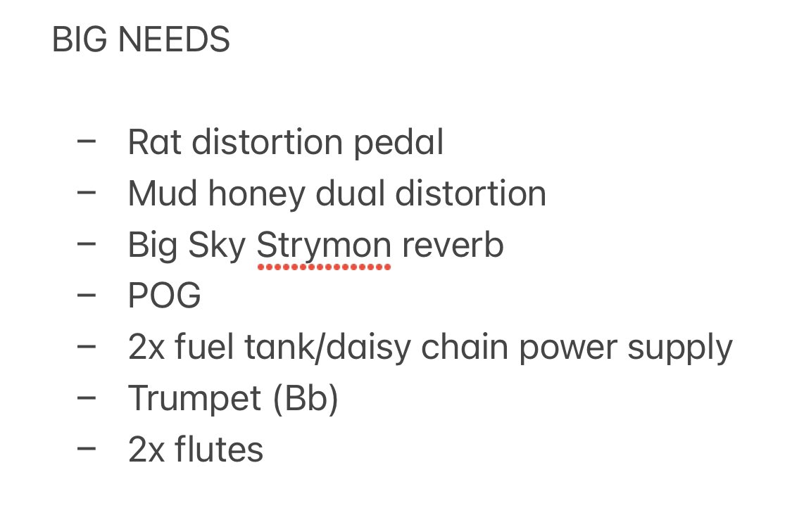 🚨Help!! 🚨Our gear is stranded in Spain and we have our first show of the tour in Sheffield tomorrow 😰 can anyone help us out and lend us these things!!? Plz rt if u know anyone local who might x