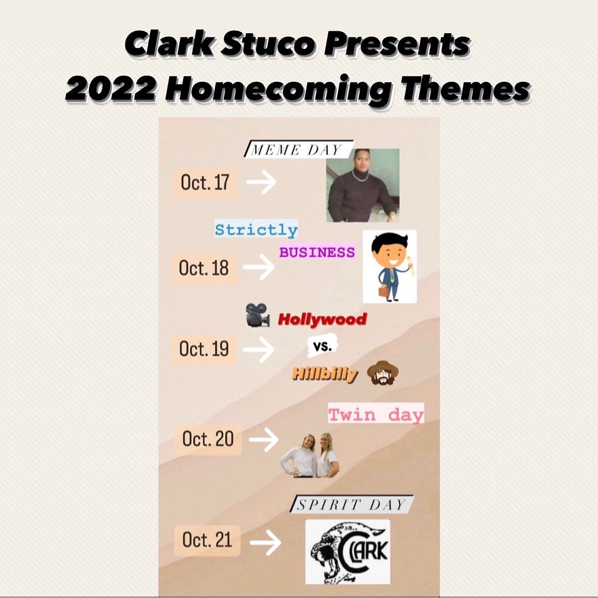 STUCO PRESENTS 2022 HOCO WEEK THEMES!! The dress up week will run through the 17th-21st with hoco the following week!!