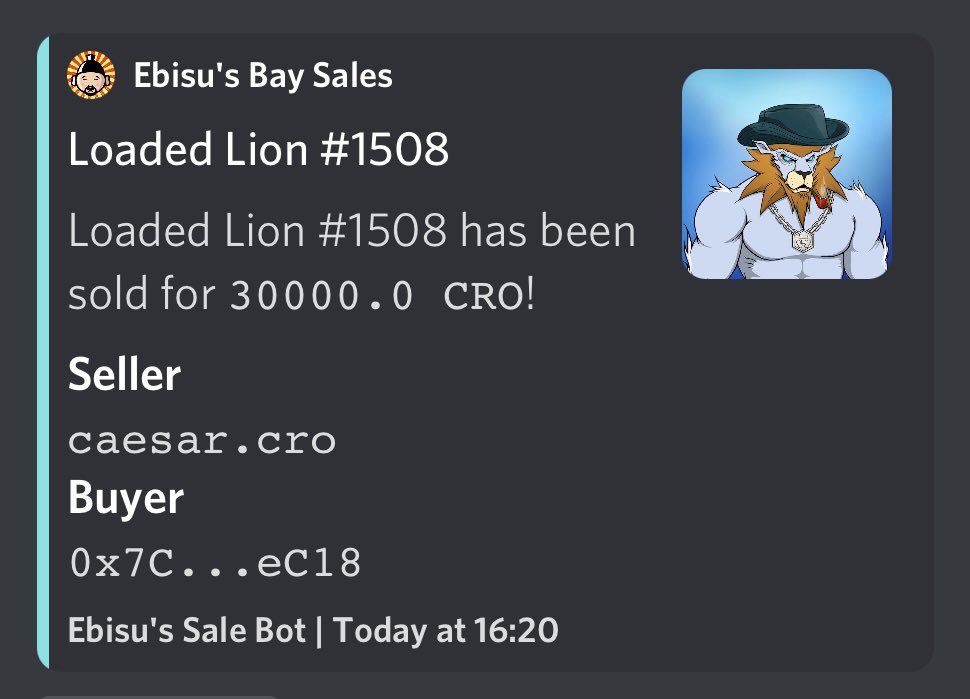 EbisusBay's tweet photo. Another @LoadedLions_CDC sold on @EbisusBay ! 30k CRO and a lovely LL moves home! 

What do you think?

#cro #crofam #fftb #nft https://t.co/NkFMPFjoNg