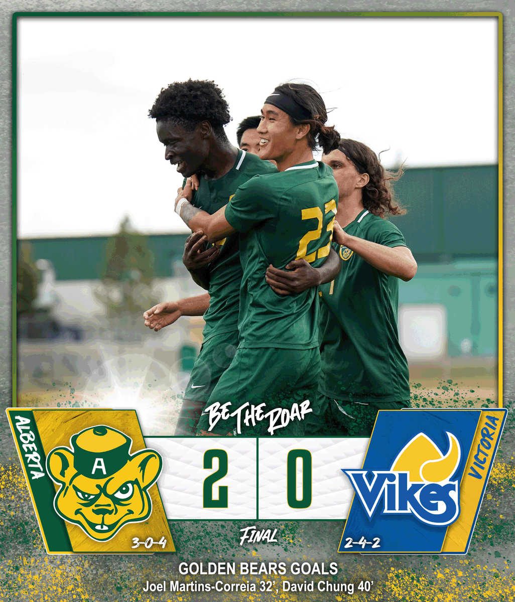 UABearsSoccer's tweet photo. 𝙵𝙸𝙽𝙰𝙻 | 𝙱𝙴𝙰𝚁𝚂 𝚆𝙸𝙽
Clean sheet for Chris Ezoua today as the Golden Bears earn a 2-0 win over @uvicvikes at home.

Goals coming from Joel Martins-Correia and David Chung. #GreenandGold #SixPointWeekend

BOX SCORE: https://t.co/xwxyhMsmZU https://t.co/rgwQI6XhQZ