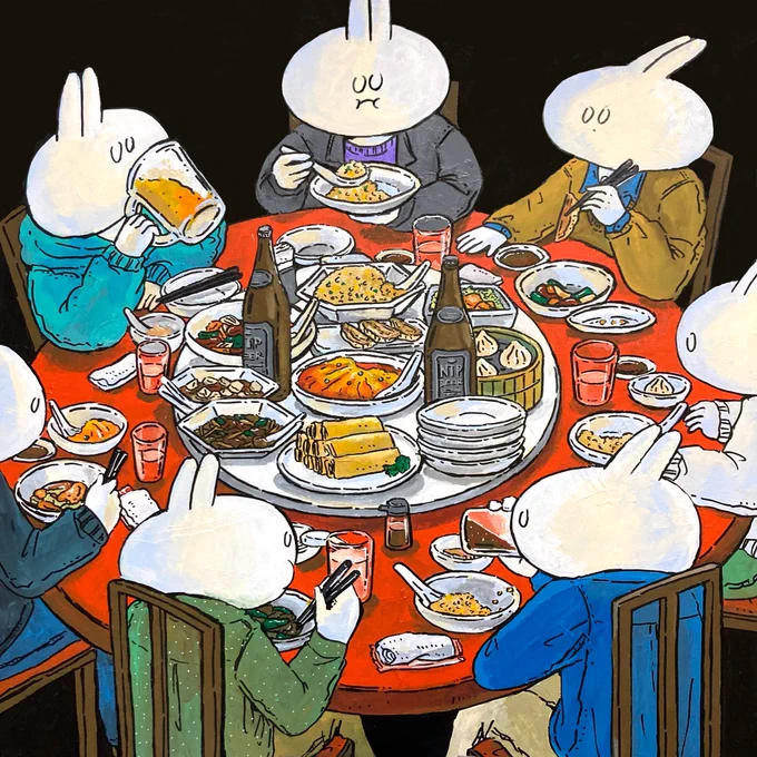 中華テーブルで食事した事が実はないので食べてみたいという絵 