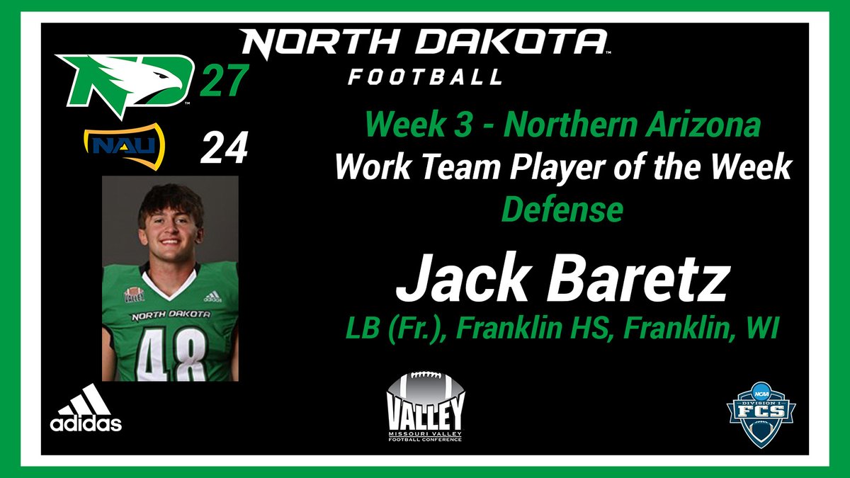 UNDFBRecruiting's tweet image. Wins like the Northern Arizona game take more than what you see on the field on Saturday. It takes incredible efforts at practice. Our Week 3 Defensive Work Team Player of the Week is freshman LB Jack Baretz @JBaretz from Franklin High School @Saber_Football in Wisconsin!