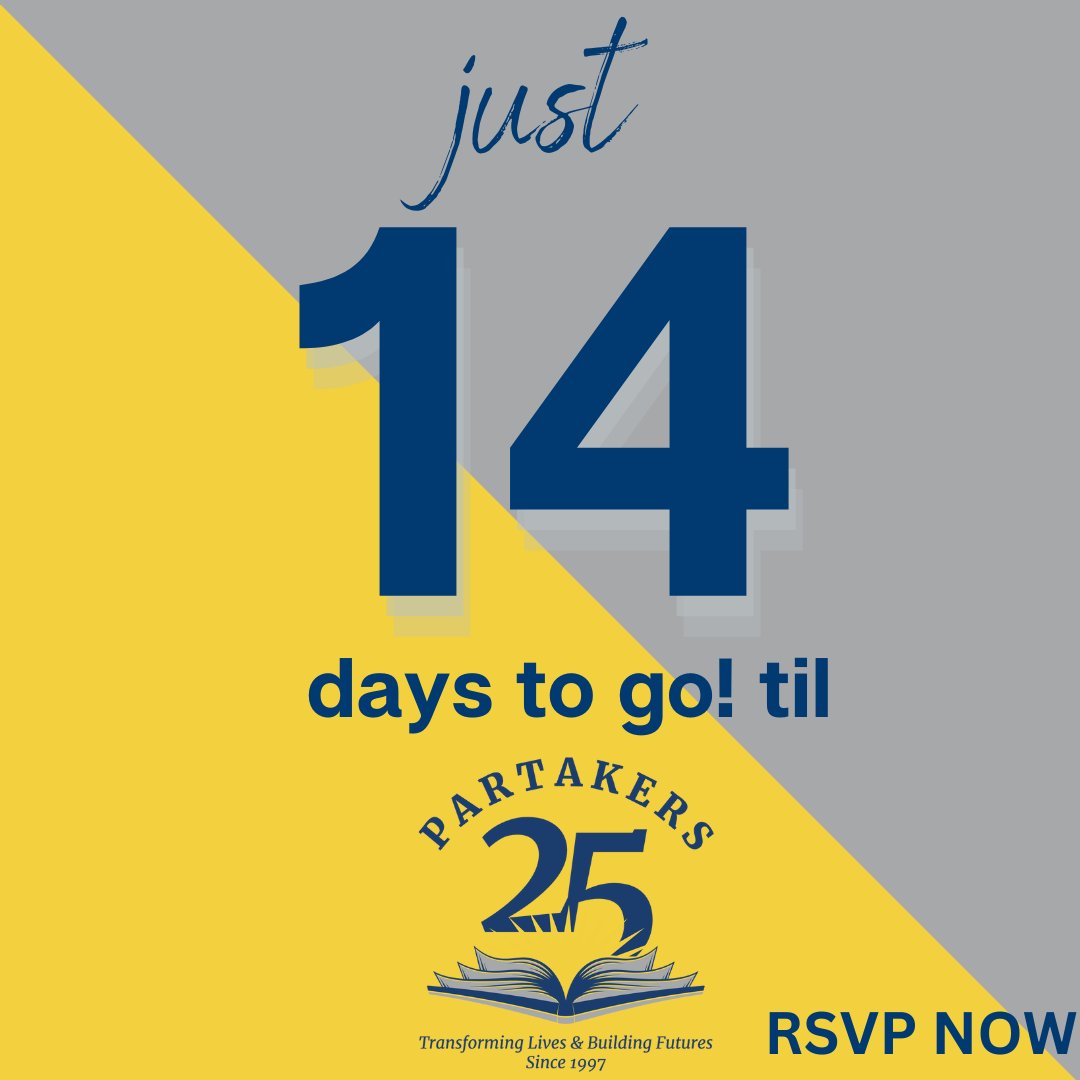Just two weeks til #Partakers25  We hope you will be a part of this special day as we gather in person and virtually to celebrate 25 years of transforming lives and building futures.  For more info and to RSVP Visit-partakers.org/partakers-25