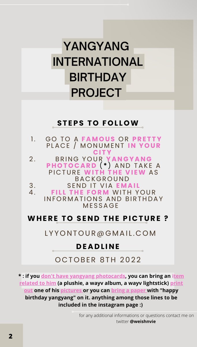 weishnvie's tweet photo. 📢📢📢 YANGYANG ON TOUR: BIRTHDAY PROJECT ‼️

hi, here’s a project where every wayv fans are invited to take part in !!! share it around with and help me spread 🤍 we need as many ppl as possible

• read everything + DON’T FORGET to fill in this form : https://t.co/tNZFt5AL50 https://t.co/M3GDzqRPZQ