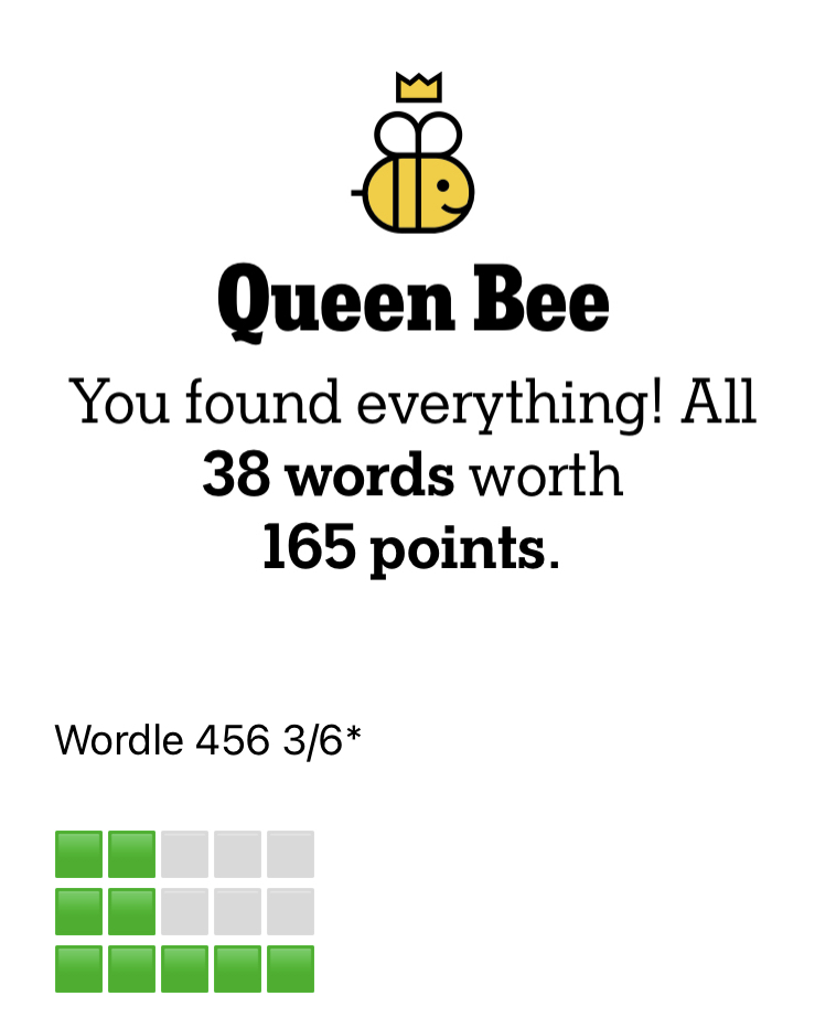 #QueenBee and #BeattheBot. Not bad for a Sunday. 🐝 #NYTspellingbee #hivemind #wordle 🤖 #WordleBot