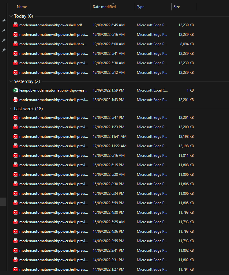 PowerShellMich1's tweet photo. My Downloads directory this last week for the #PowerShell Community Textbook.

#MITAPowerShellBook #pwshconftextbook https://t.co/yRXQCWvG6A