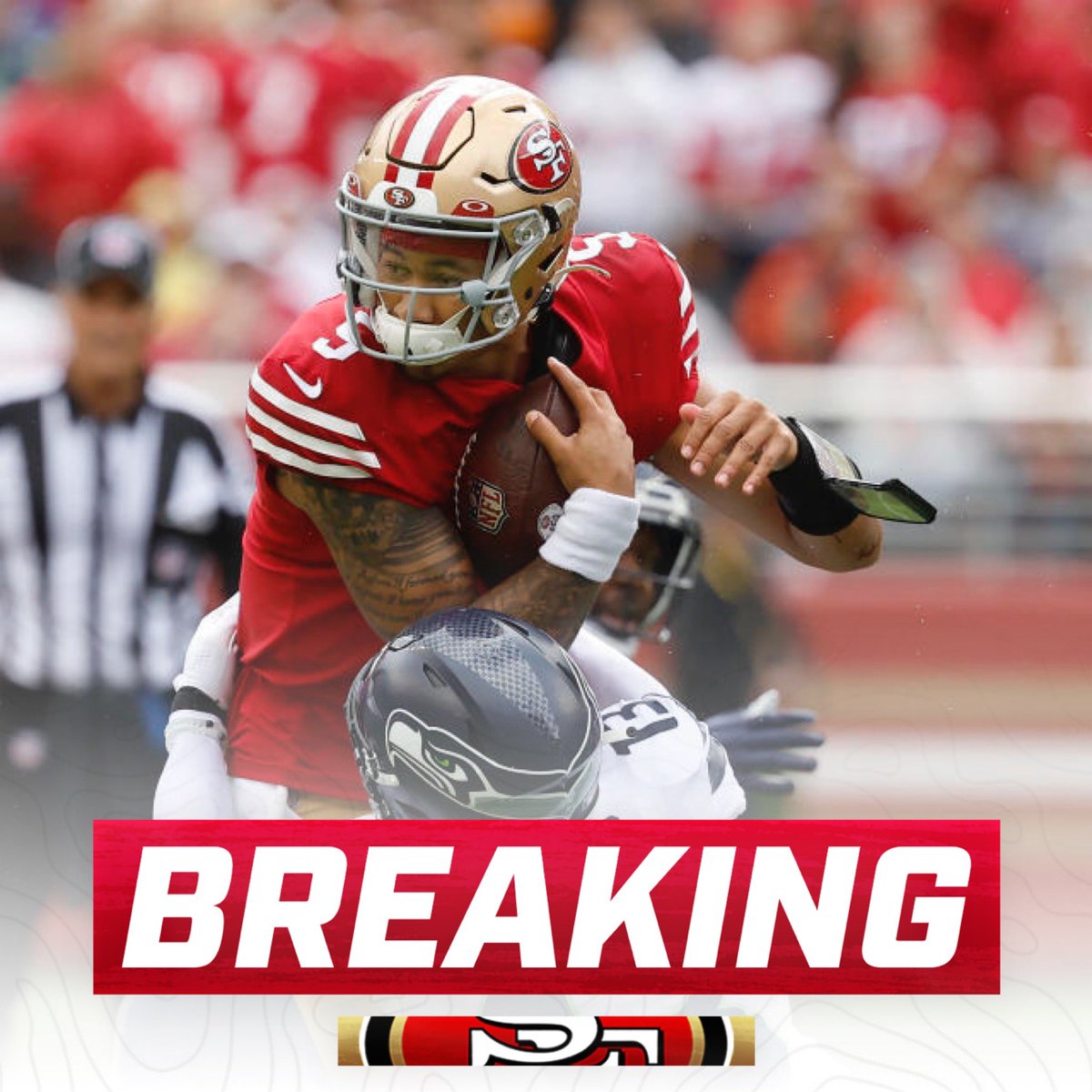 OurSf49ers's tweet photo. #49ers QB Trey Lance suffered a significant ankle injury today that is expected to end his season, per @AdamSchefter https://t.co/vauDDghLs3