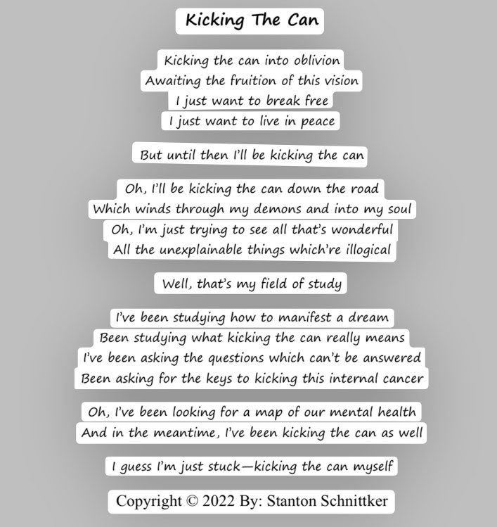 stanton_2o's tweet photo. Daily Post #149
Kicking The Can

-

#poem #poet #poetry #poems #poets #poetrycommunity #art #artist #writer #writing #amwriting #PoetryInMotion #poetsofTwitter #WritingCommnunity #writerslife #kickingthecan #vision #fieldofstudy #field #map #mentalhealth #MentalHealthAwareness https://t.co/ynF4KeGPfU