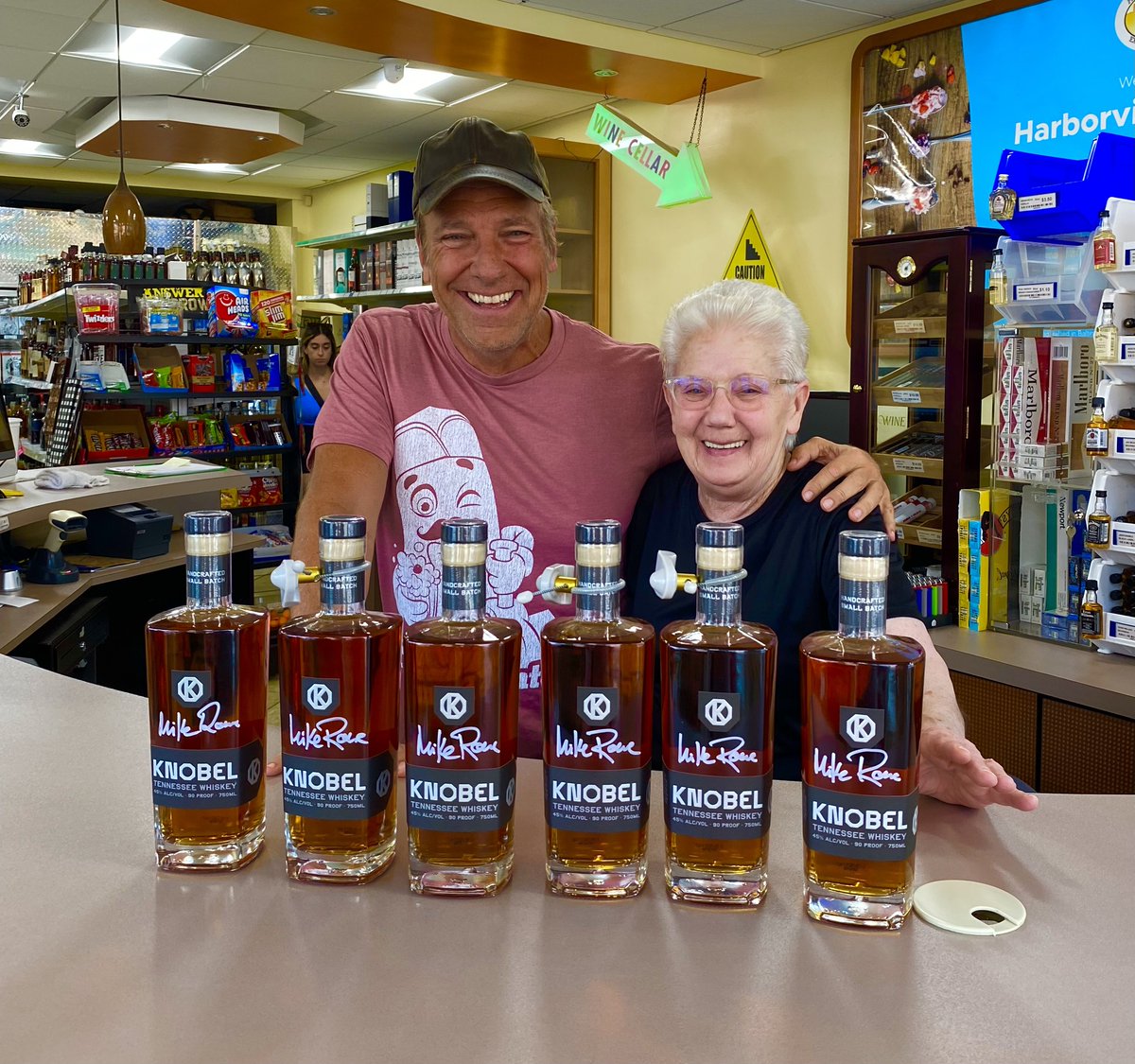 mikeroweworks's tweet photo. I came to Baltimore yesterday to celebrate the fact that my grandfather’s whiskey is finally starting to make it onto the shelves of America’s finest liquor stores. I like the way it looked. 
@KnobelSpirits https://t.co/qjuR6dAfFW