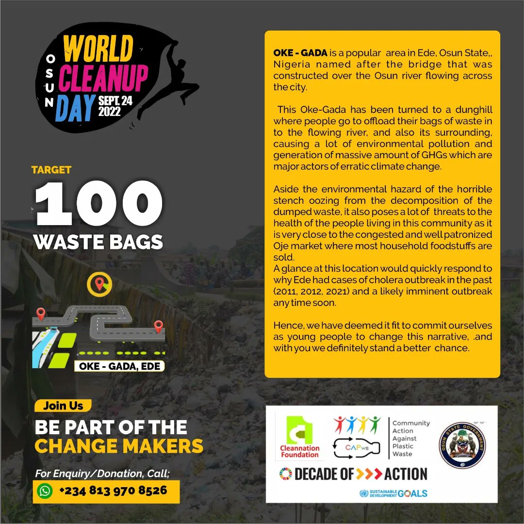 CapwsInitiative's tweet photo. Event| World Clean-up Day 2022
Ede and the State of Osun are you ready?
The target is set.. 100 Waste Bags!
#worldcleanupday2022
#circulareconomy
#CleanupAfrica https://t.co/CVS3caG1Zx