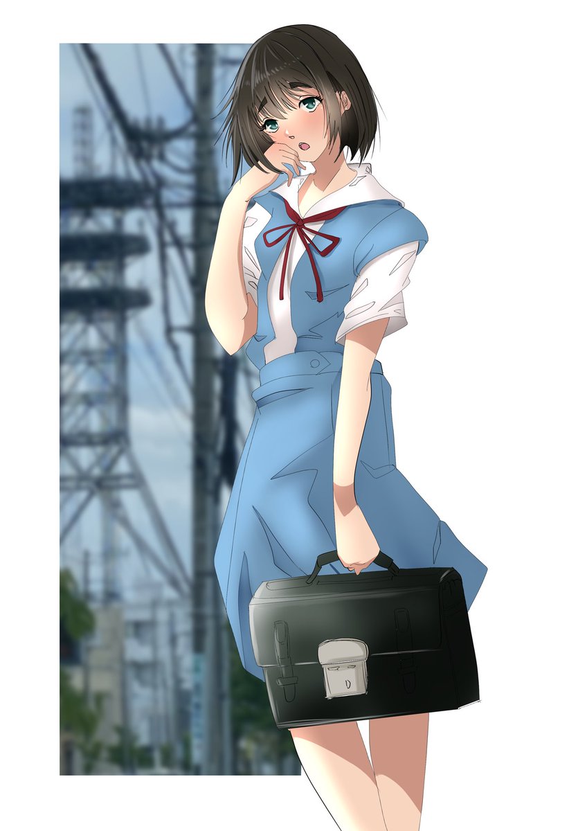 1girl solo school uniform short hair school bag bag blush  illustration images