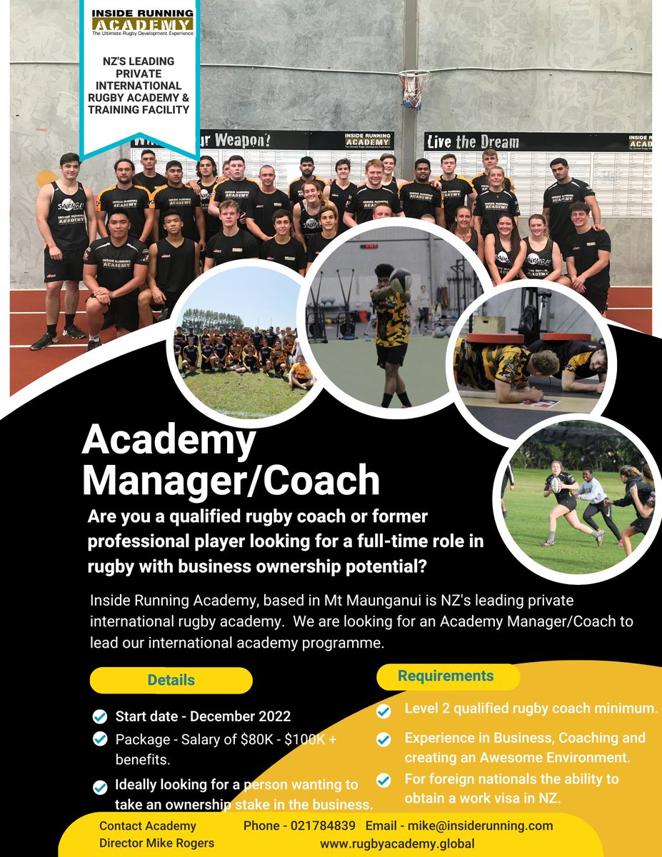 Are you a qualified rugby coach or former professional player looking for a full-time role in rugby with business ownership potential?

Apply here:
lnkd.in/g7yYprwB

For more info contact me on:
Email - mike@insiderunning.com
WhatsApp - +6421784839